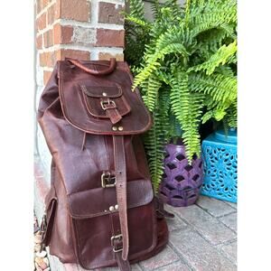 Large Leather Saddle Backpack (4) Four outside Pockets Adjustable Leather Straps